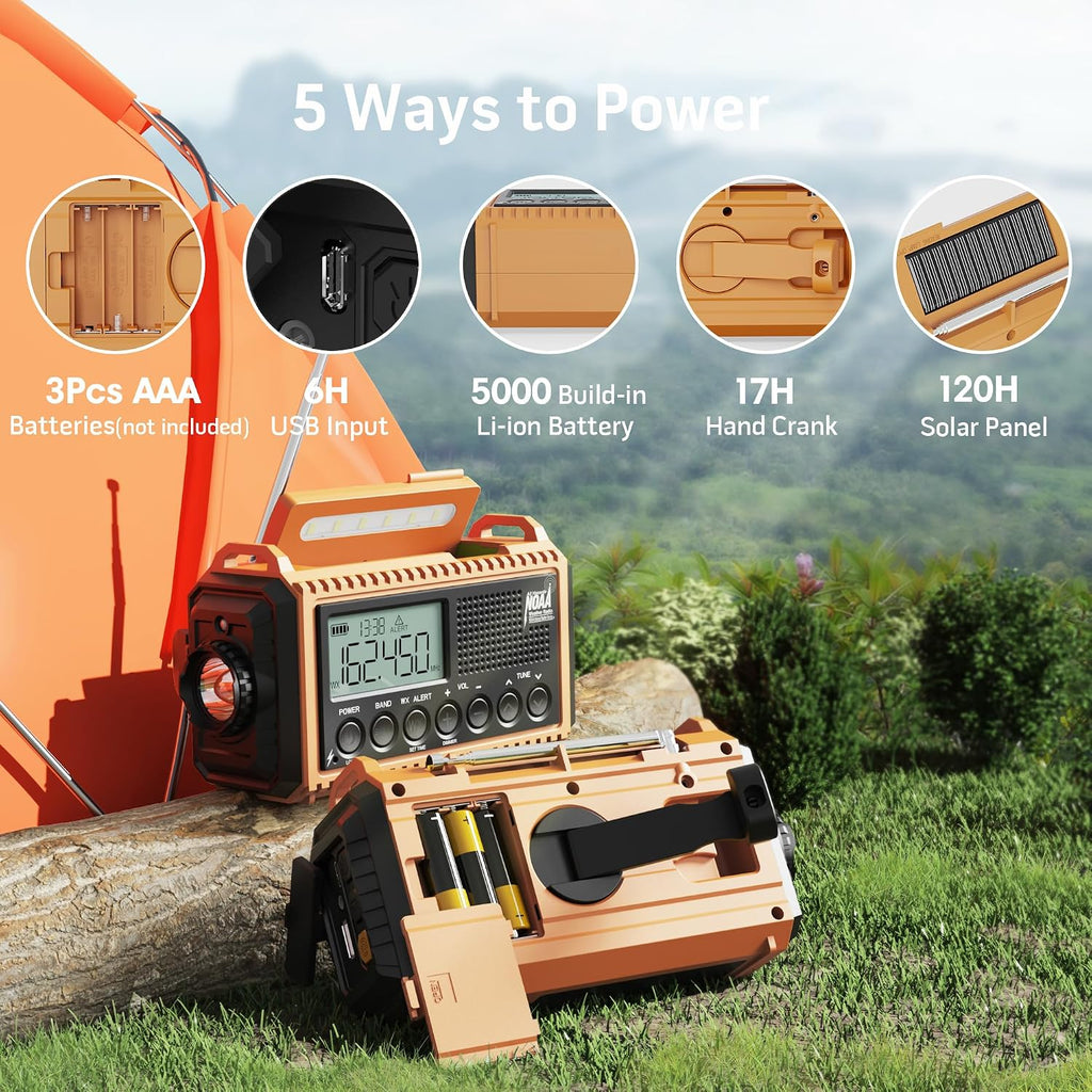 NOAA Weather Alert Radio, 5000mAh Solar Hand Crank Emergency Radio | FM AM Shortwave, Battery Operated Radio with