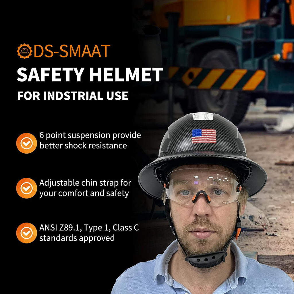 Full Brim Hard Hat with Visor, 6-Point Ratchet Suspension Safety Helmet, Superior Impact Head Protection, ANSI Z89.1