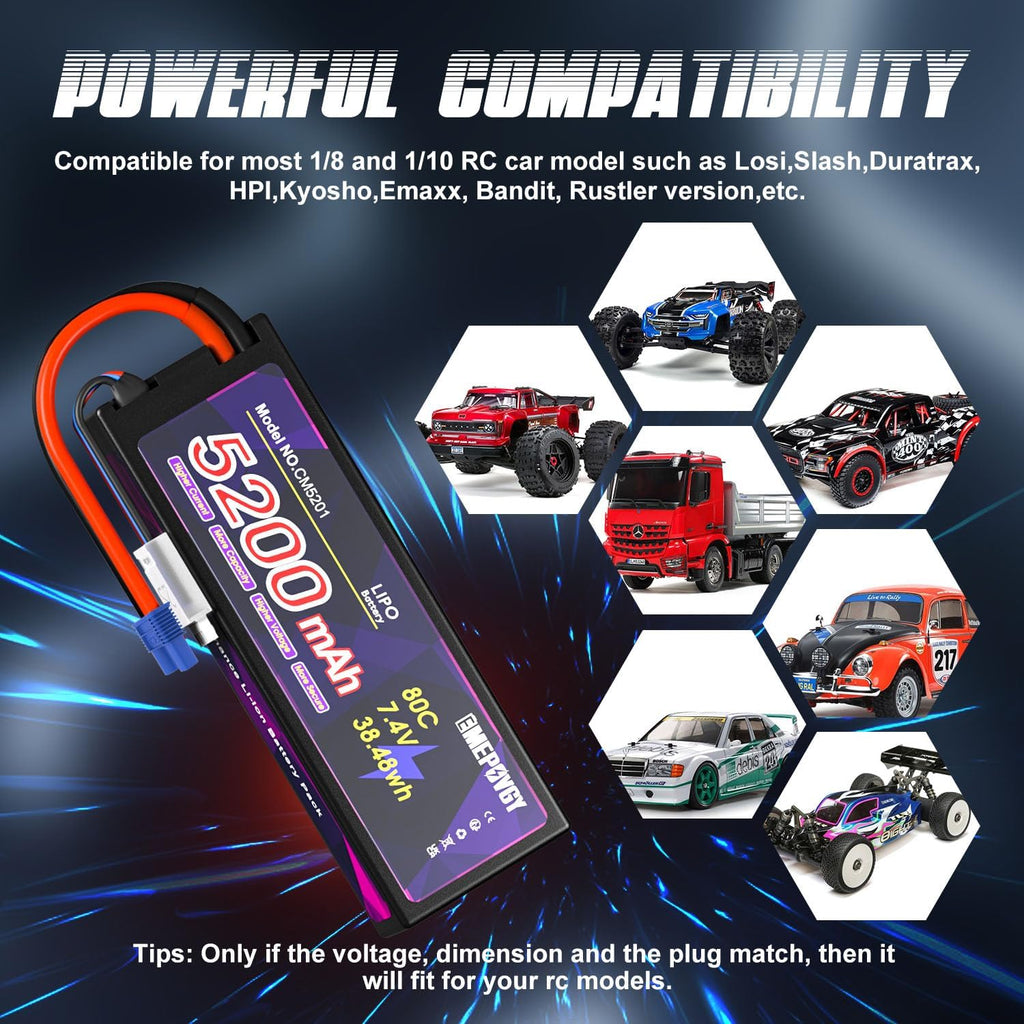 7.4V Lipo Battery 2S 5200mAh 80C Lipos Hard Case with EC3 Connector for RC Car Trucks 1/8 1/10 RC Vehicles(2 Packs)