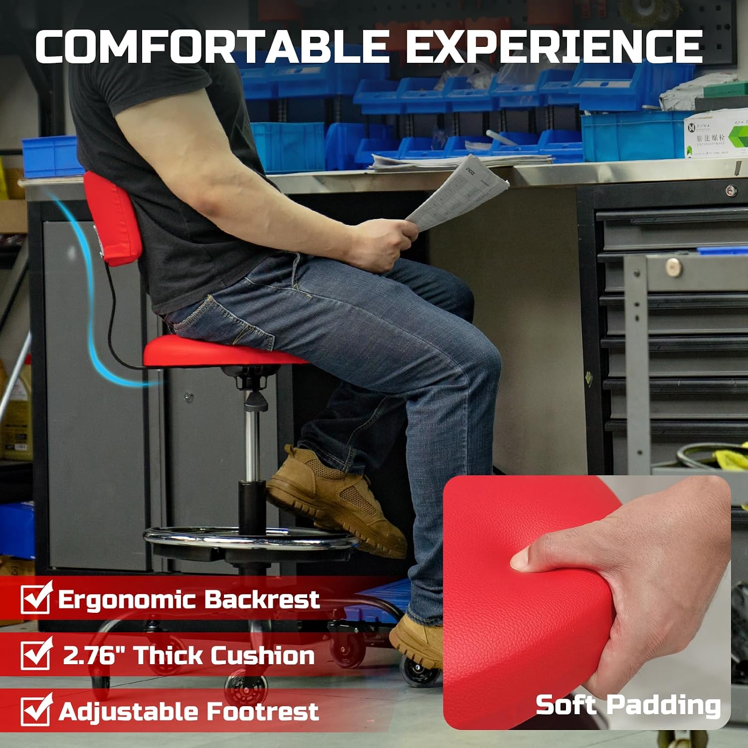 Rolling Shop Stool with Wheels, Garage Mechanic Stool Chair with Backrest, Height Adjustable Heavy Duty Swivel Task