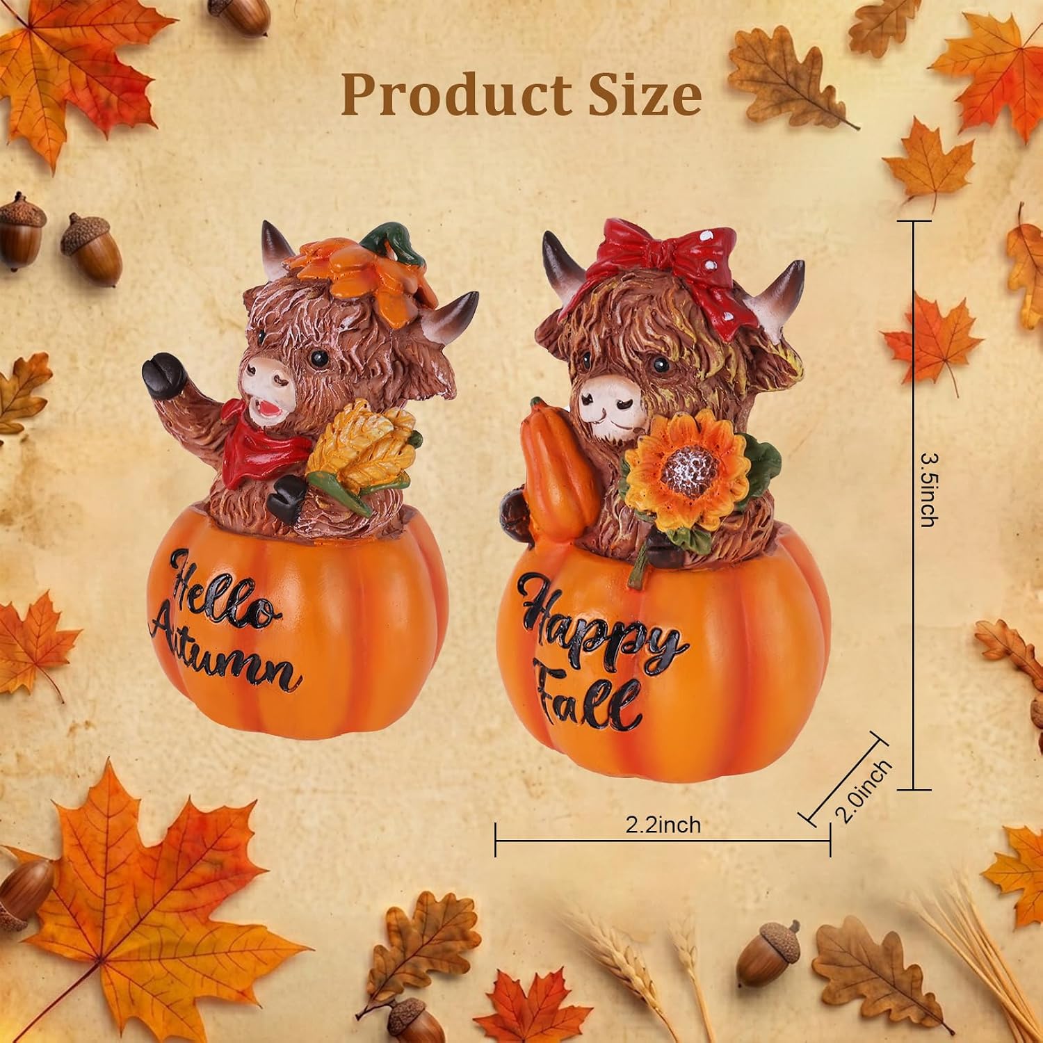 Fall Decorations for Home, 2 PCS Resin Highland Cows Figurines for Fall Decor, Rustic Pumpkin Harvest Ornaments for