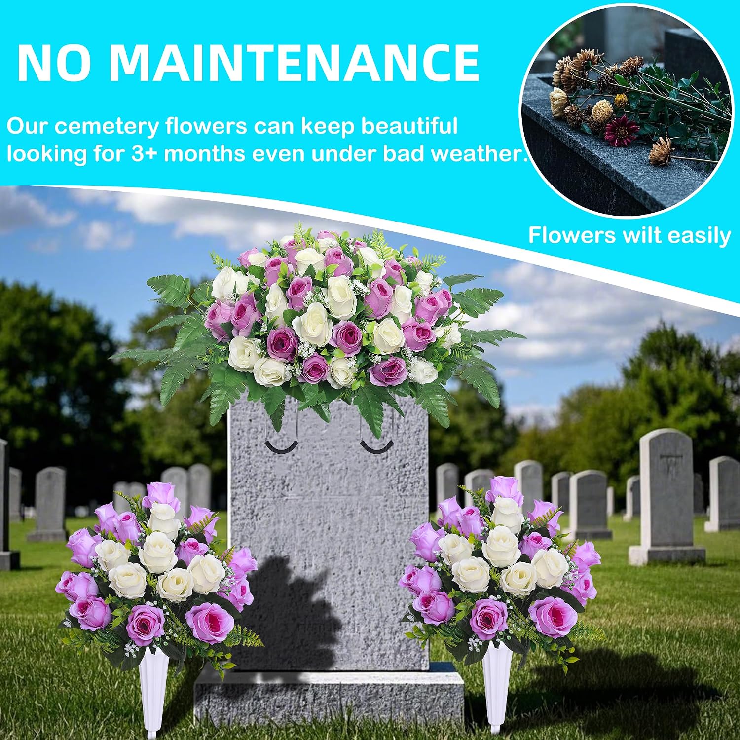 Artificial Cemetery Flower Saddles, Cemetery Memorial Flowers with Vase,Outdoor Grave Saddle Headstone Decorations