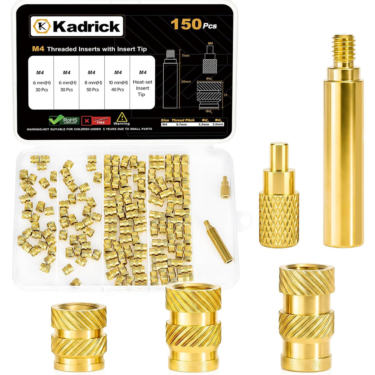 KADRICK 150PCS M4 Heat Set Inserts Kit,M4*(6/8/10mm)*5.5mm with Insert Tip