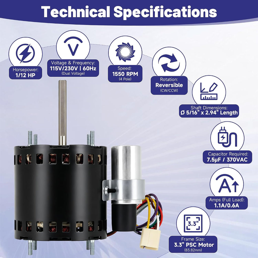 1/12 HP Refrigeration Fan Motor Replacement for Century 9721 Motor