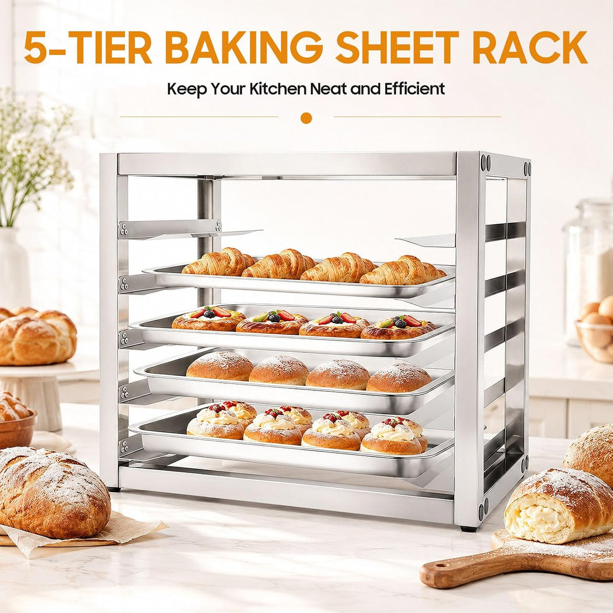 Bun Pan Rack, 5 Tier Commercial Tabletop Baking Tray Rack, Portable Storage Cooling Shelf, Stainless Steel Bun Pan