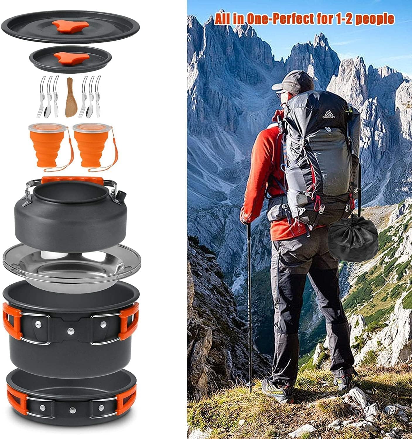 Camping Cooking Set Camping Cookware Outdoor Aluminum Mess Kit with Frying Pan, Pot with Lid, 1.2L Kettle Set and 2
