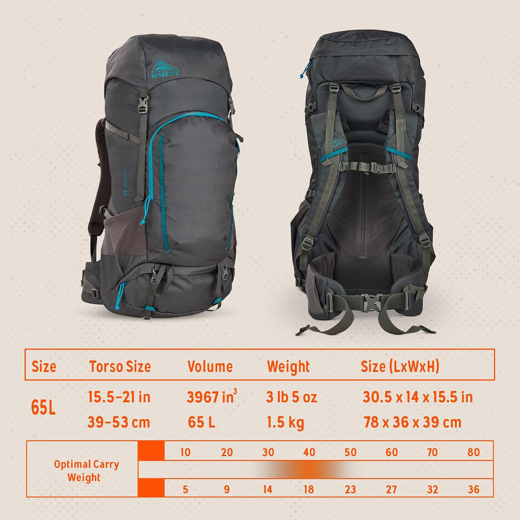 Kelty Asher Backpack, Daypack to Multi-Day Backpacking Capacity, Hiking, Lightweight Travel Pack, Internal Frame (65L