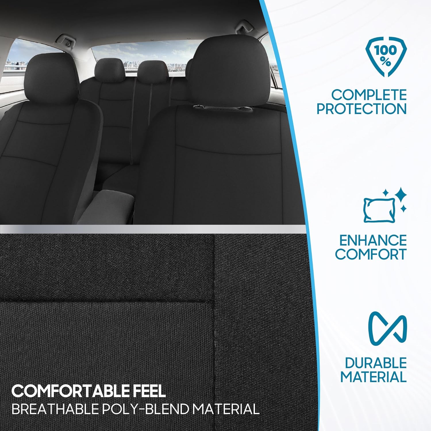 PolyPro Car Seat Covers Full Set in Solid Black, Front and Rear Split Bench Seat Covers for Cars, Easy to Install Car