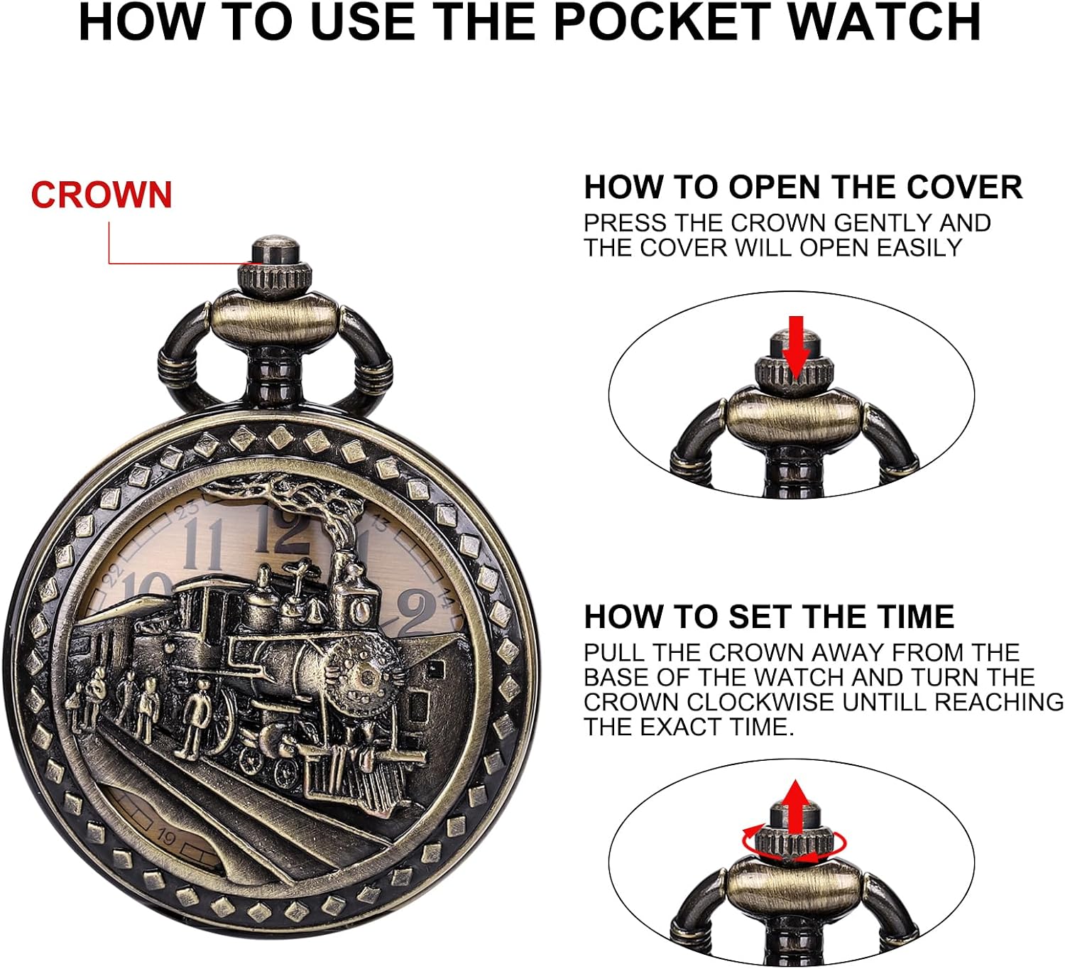 Antique Men Pocket Watch with Chain Oversized 50MM 1.96 Inch 3D Locomotive Steam Train Railroad Hollow + Box