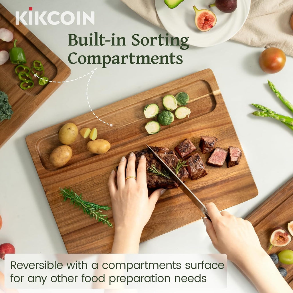 Acacia Wood Cutting Boards for Kitchen, Kikcoin 3 PCS Wooden Cutting Board Set with Holder, Chopping Board with