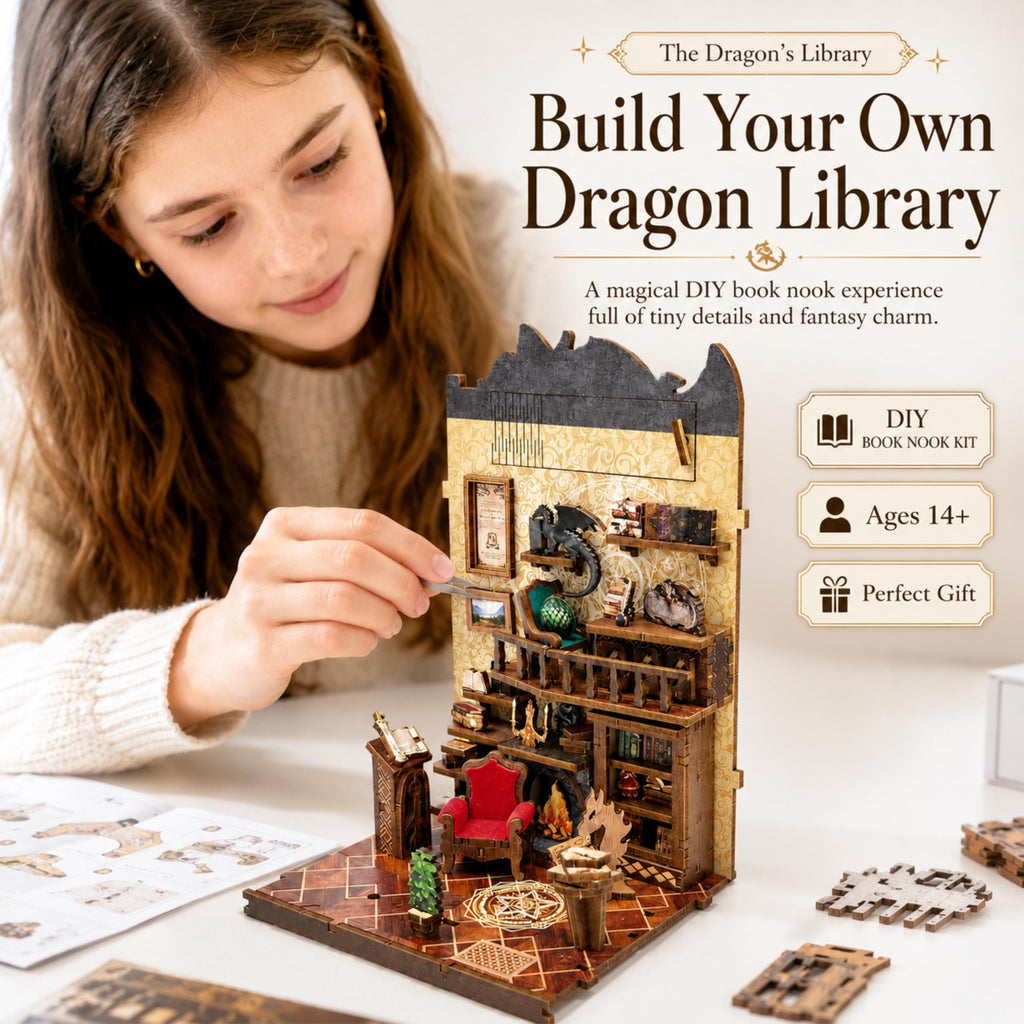 Dragon Library Book Nook Kit, DIY Dollhouse Booknook Bookshelf Decor