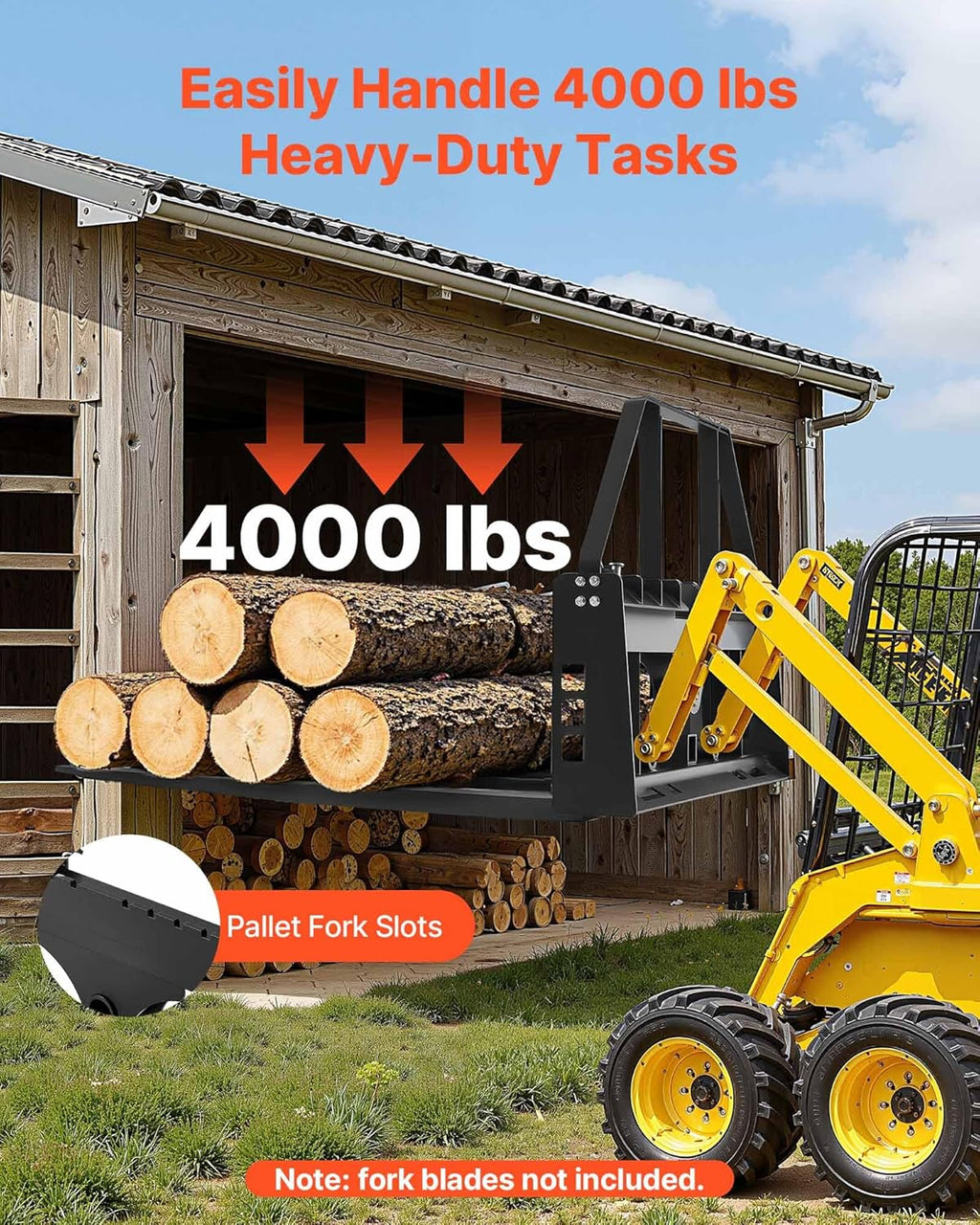 Skid Steer Pallet Fork Frame, 4000 lbs Rated Capacity, 45-inch Pallet Fork Frame Attachments with 2-inch Hitch