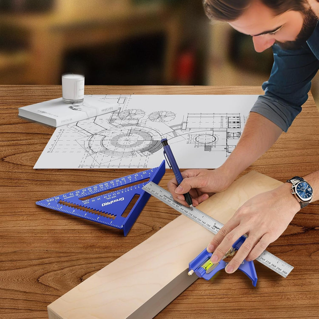 Combination Square Set, 7 & 12 Inch Aluminum Zinc Carpenter Tool | Stainless Ruler & Scriber Included, 2-in-1 Pencil