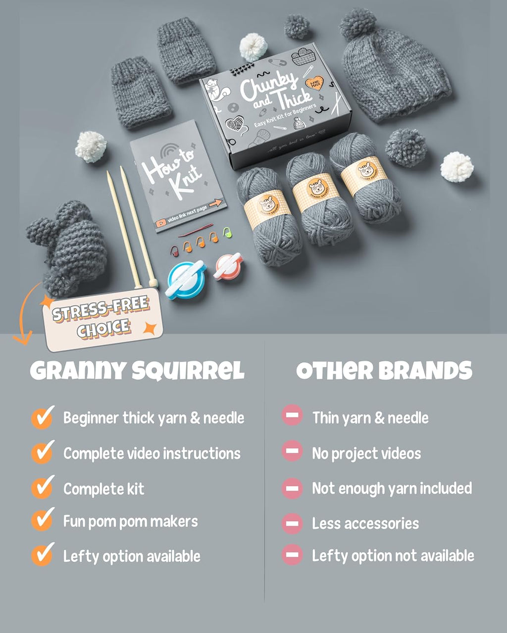 Complete Knitting Kit for Beginners - Learn to Knit Kit with Knitting Accessories Like Thick Beginner Yarn in Gray