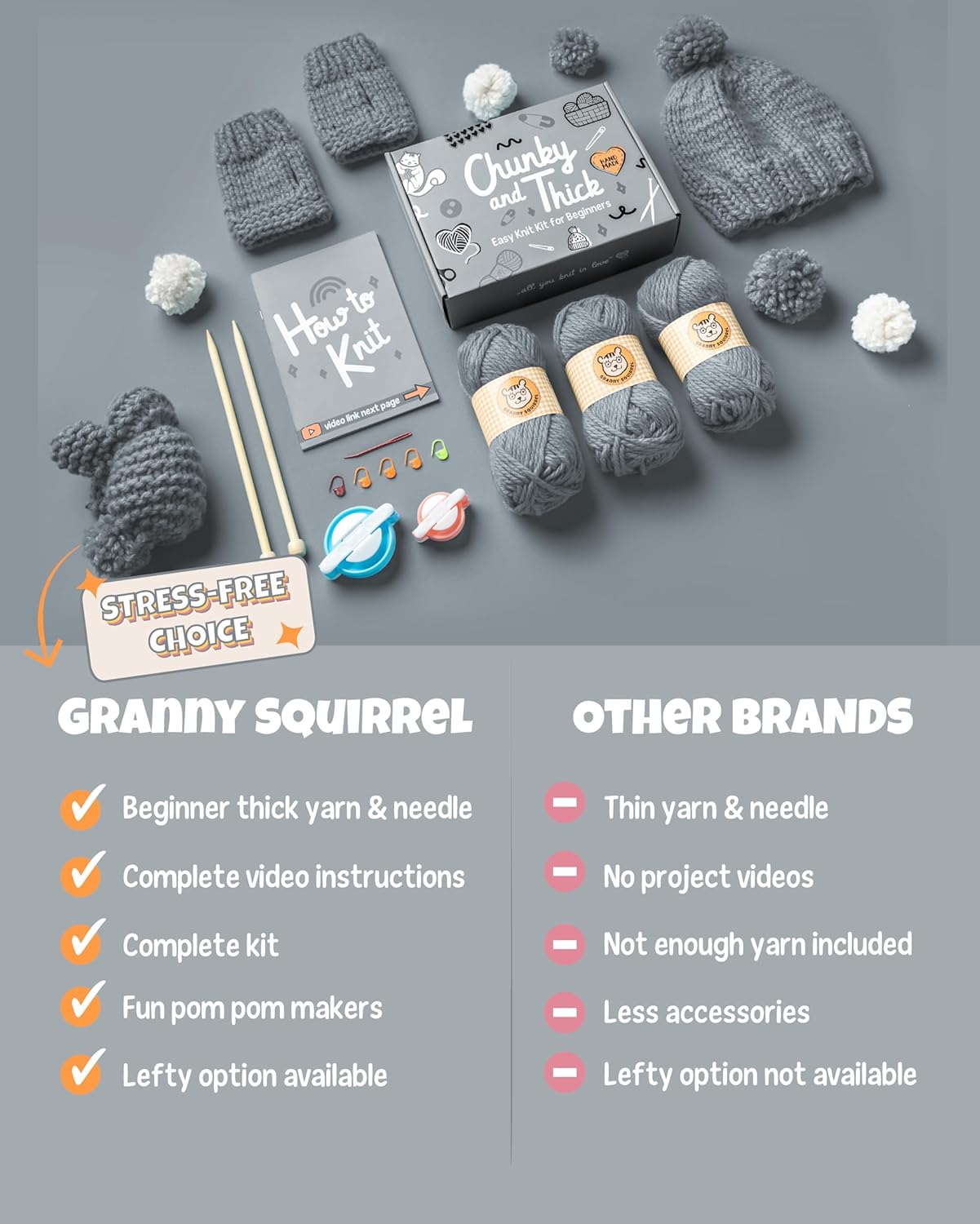 Complete Knitting Kit for Beginners - Learn to Knit Kit with Knitting Accessories Like Thick Beginner Yarn in Gray