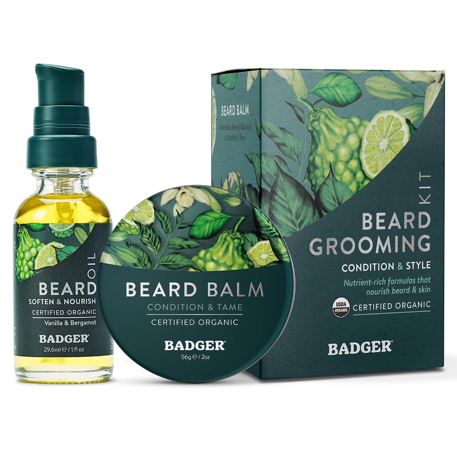 Beard Grooming Kit, Organic Beard Oil Bottle + Organic Beard Balm Tin, Subtle Masculine Scent, Organic Mens Beard