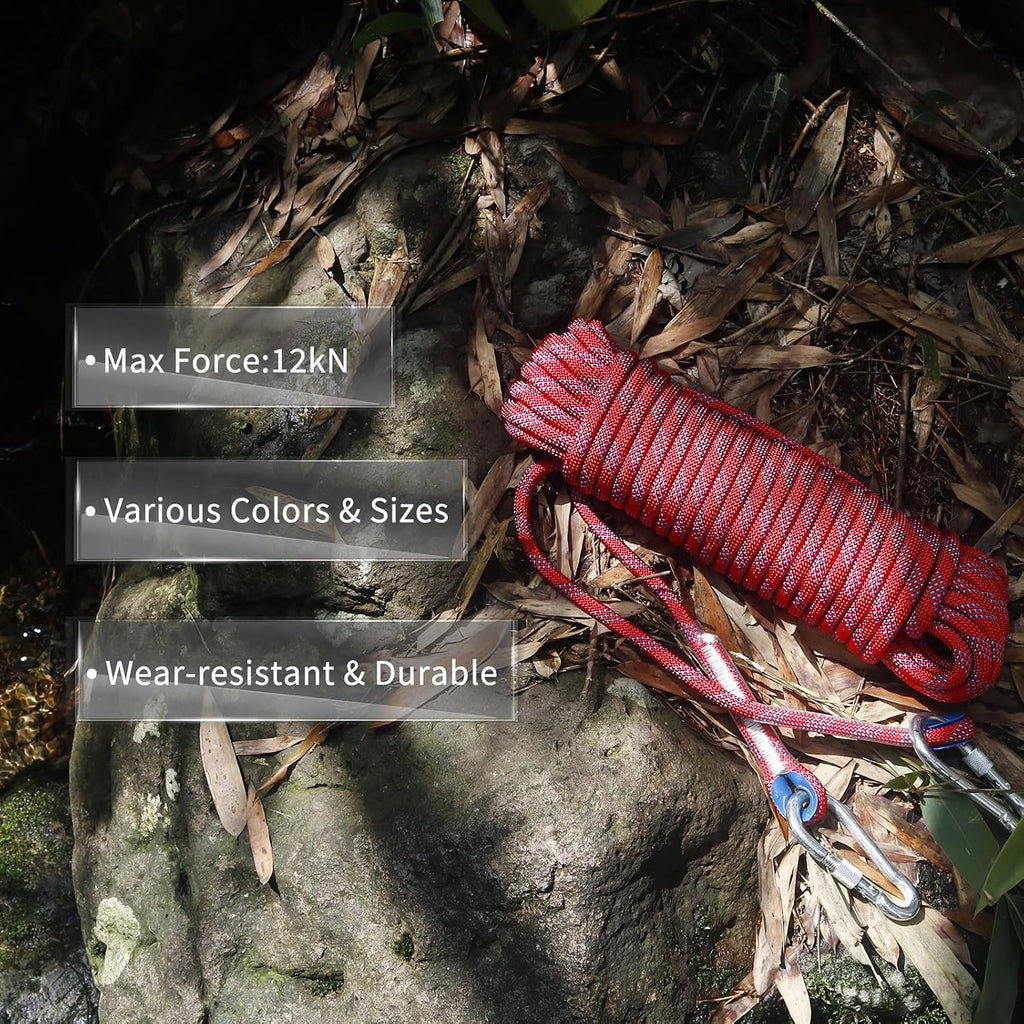 Climbing Rope 8(5/16in),10mm (3/8in), High Strength Accessory Cord Rope with 2 Steel Hooks, for Outdoor Rescue