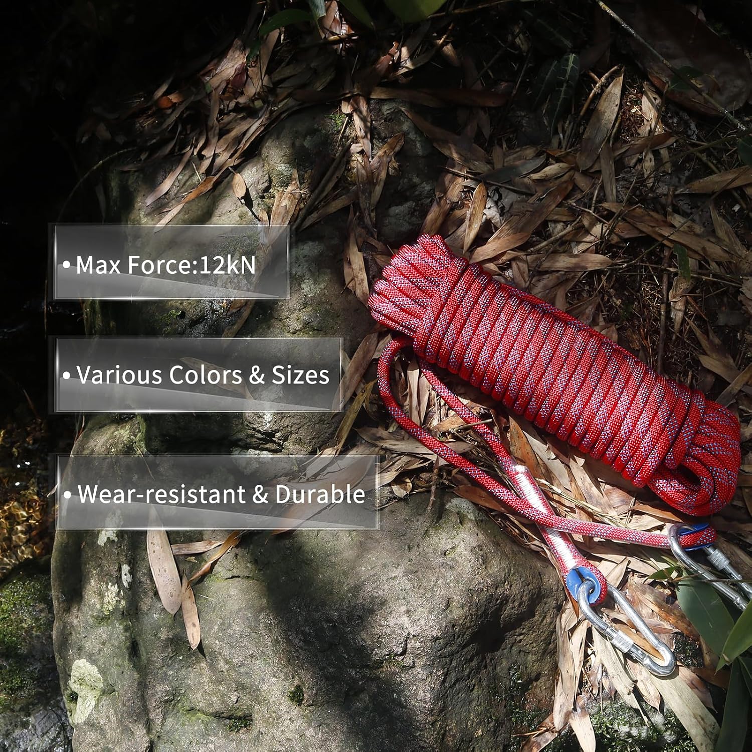 Climbing Rope 8(5/16in),10mm (3/8in), High Strength Accessory Cord Rope with 2 Steel Hooks, for Outdoor Rescue