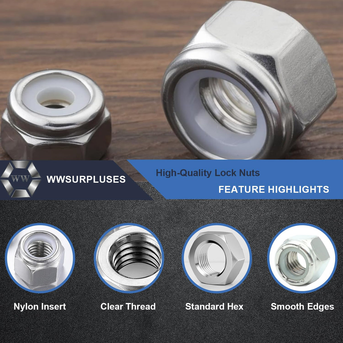 1/2-13 Nylon Insert Lock Nuts 21 Pack, 304 Stainless Steel Hardware Nuts