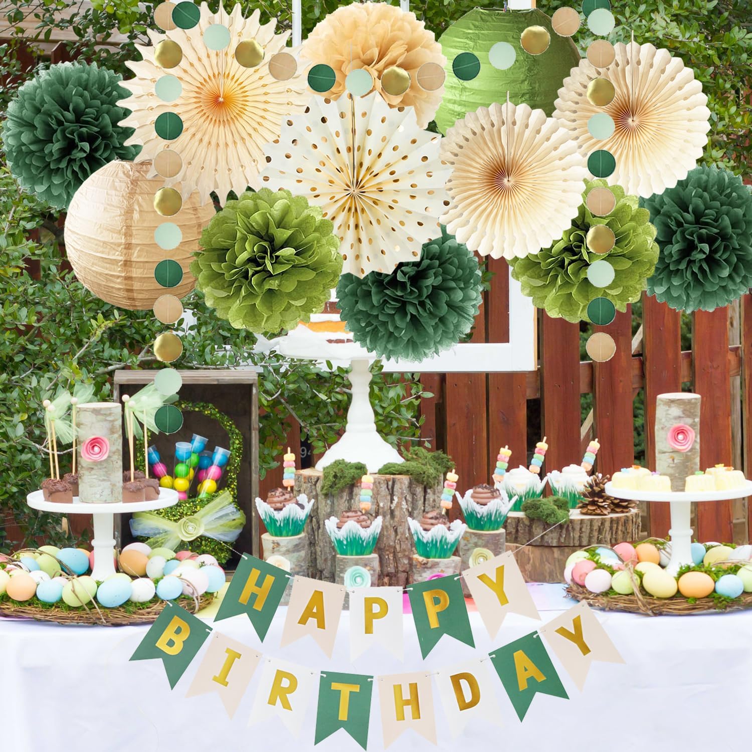 Green Birthday Party Decorations Olive Green Birthday Cream Tissue Pom Poms Paper Lanterns Circle Garland Hanging