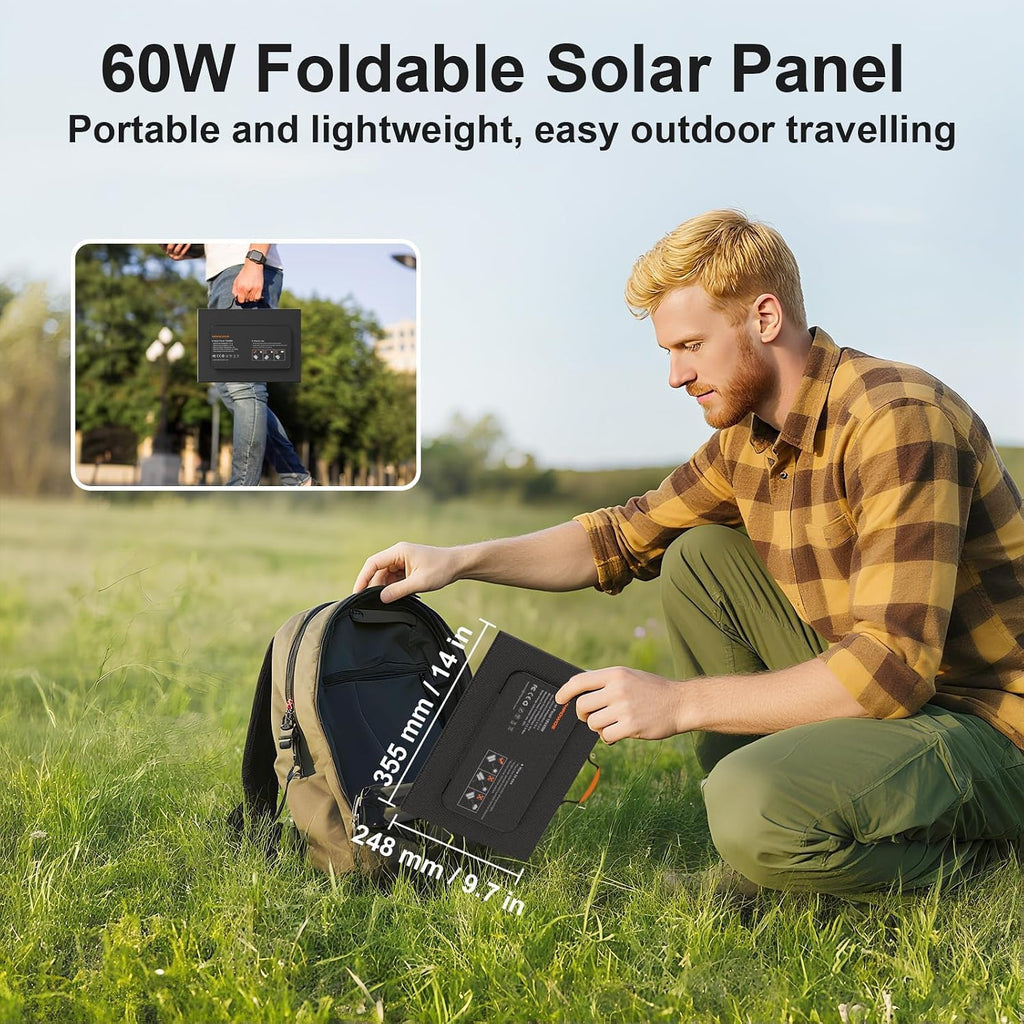 60W Portable Solar Panels Charger with USB-C, USB-A and DC Outputs | Foldable IP67 Waterproof Solar Phone Panel for