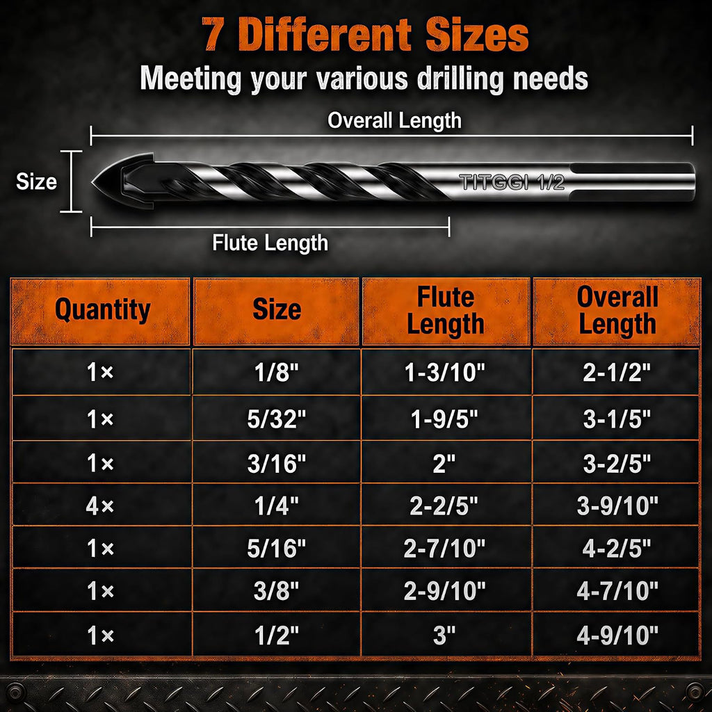 10-Piece Masonry Drill Bit Set & Concrete Drill Bit Set, 7 Sizes, 1/8"-1/2" | Carbide Drill Bits for Tile, Ceramic
