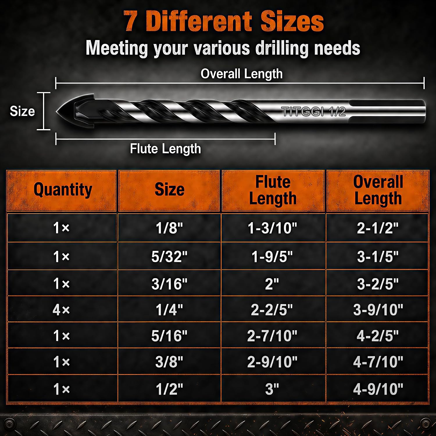10-Piece Masonry Drill Bit Set & Concrete Drill Bit Set, 7 Sizes, 1/8"-1/2" | Carbide Drill Bits for Tile, Ceramic