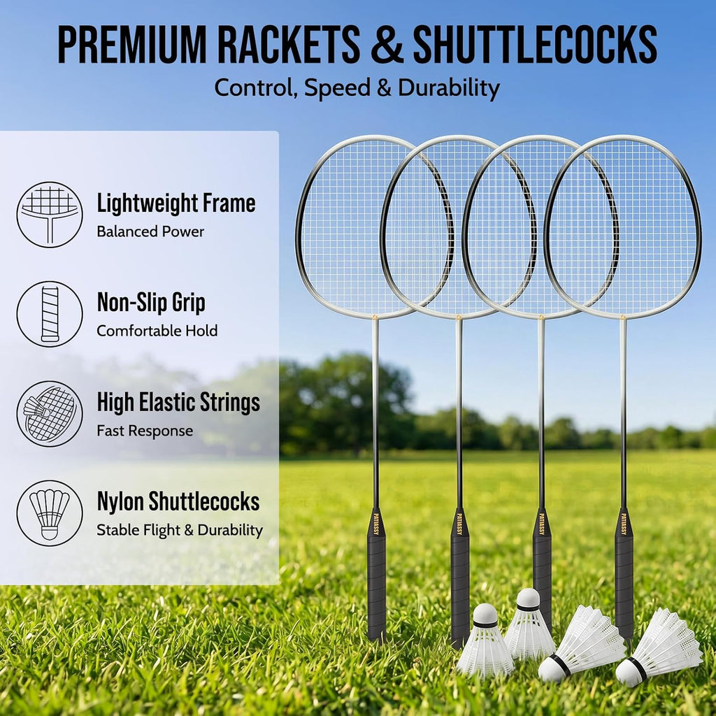 Complete Badminton Set for Backyard Outdoor Badminton Net & Racket | Anti-Sag Design, 4 Professional Badminton