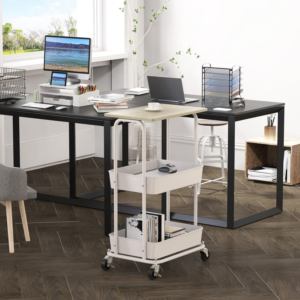 2-Tier Rolling Utility Cart Wood Top/Lockable Wheel, Maple