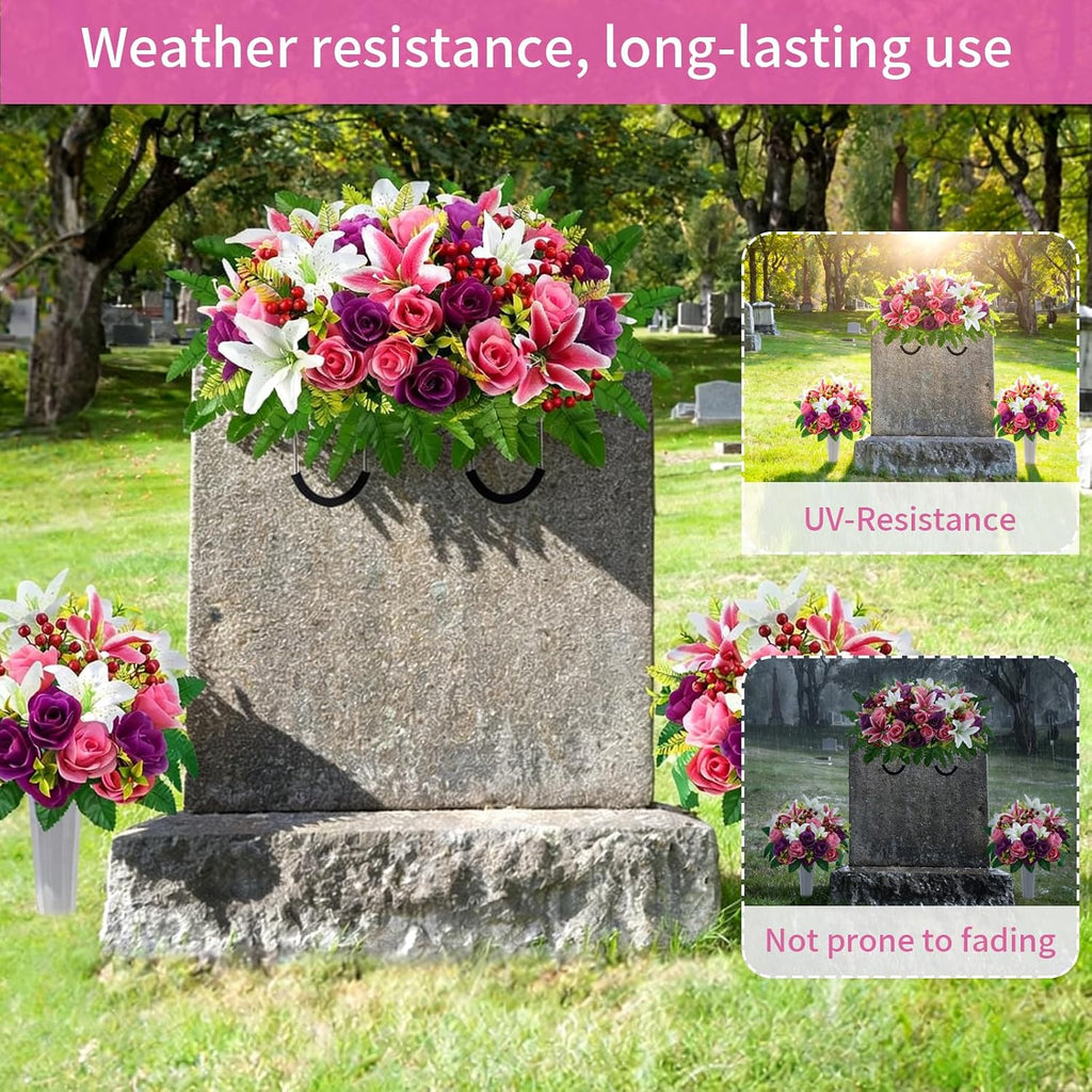 Cemetery Flowers for Grave Headstone Flower Saddle with Silk Rose Lily 3pcs