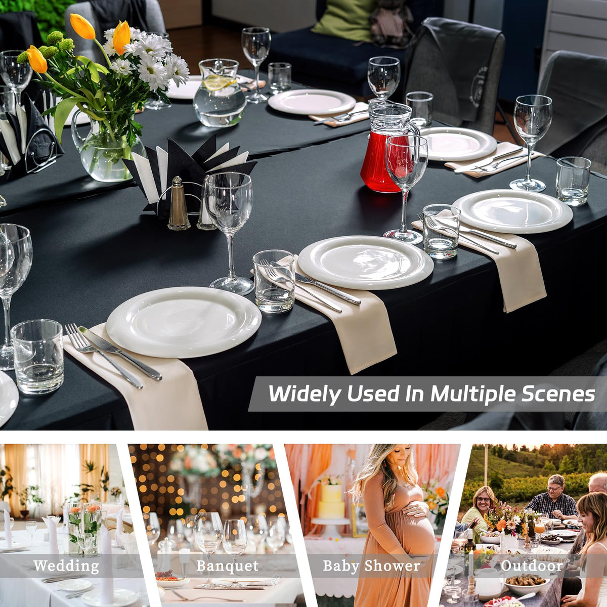 6 Pack 8FT Black Tablecloth Rectangle Spandex Fitted Table Cover