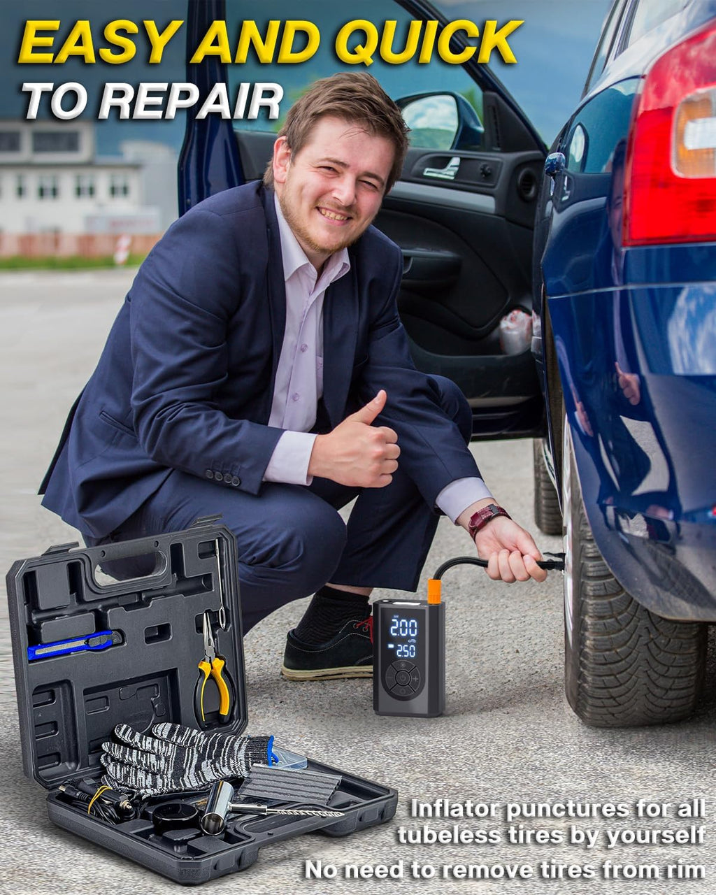 Tire Repair Kit with Portable Air Compressor, Tire Plug Kit 58PCS with Cordless Tire Inflator (150 PSI) for Car