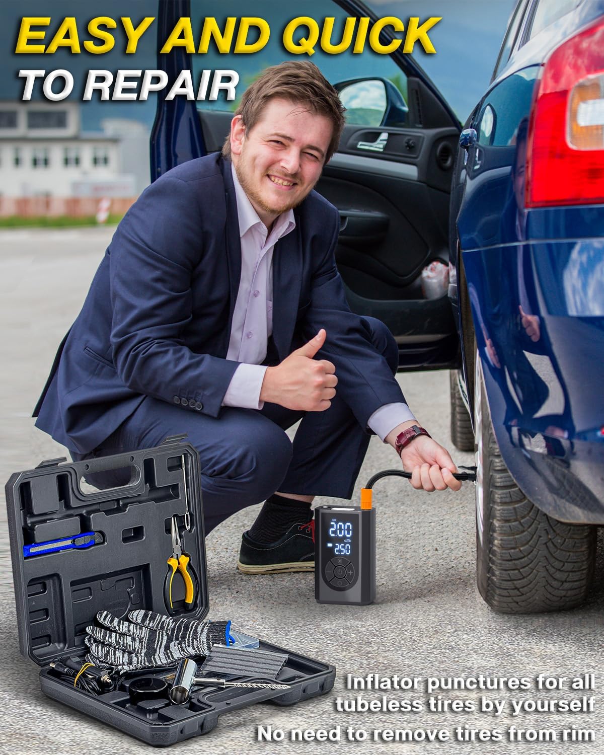 Tire Repair Kit with Portable Air Compressor, Tire Plug Kit 58PCS with Cordless Tire Inflator (150 PSI) for Car