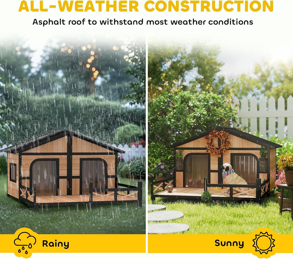 Dog House Outdoor, Wooden Dog Kennel Weatherproof with Porch, Openable Roof, Removable Bottom, Elevated Floor, Double