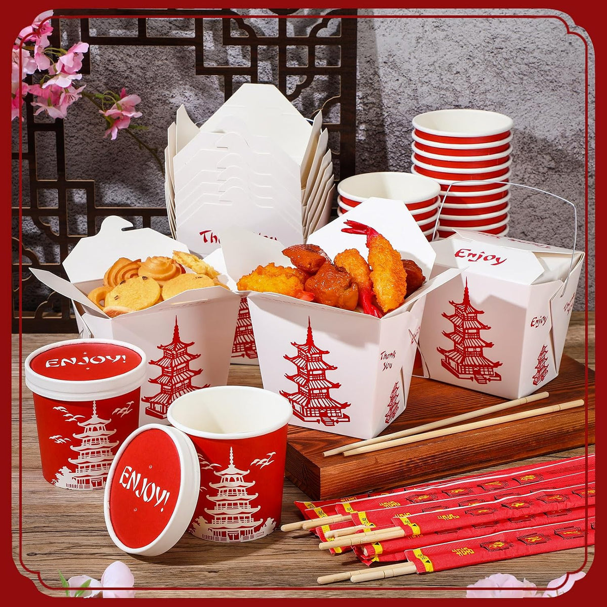 24 Set 32 oz Chinese Take out Box, Bamboo Chopstick 12 oz Soup Containers with Lids, Takeout Food Containers Boxes