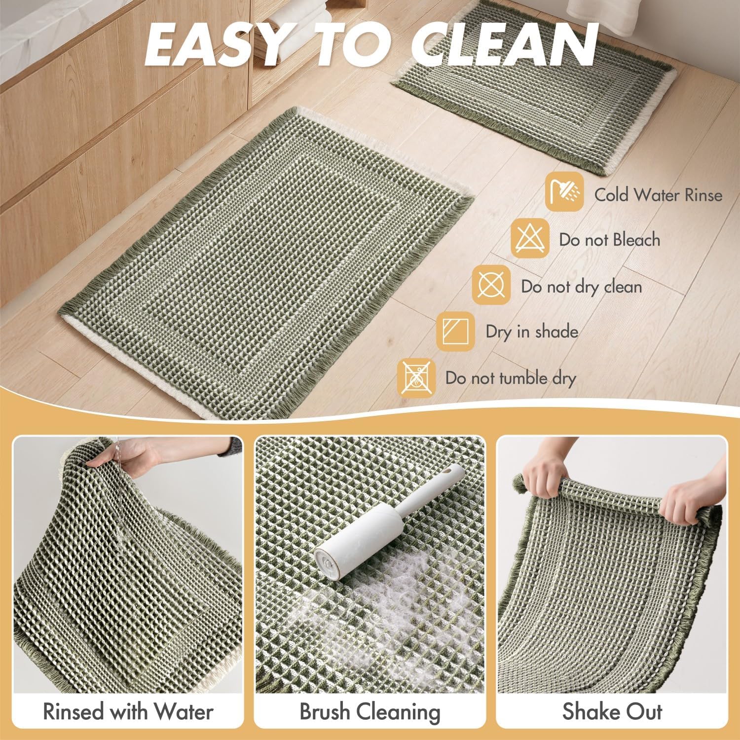 Set of 2 Waffle Bathroom Rugs Green&Cream Boho Bath Mat 17x24+18x30 | Looped Design, Super Absorbent, Non Slip