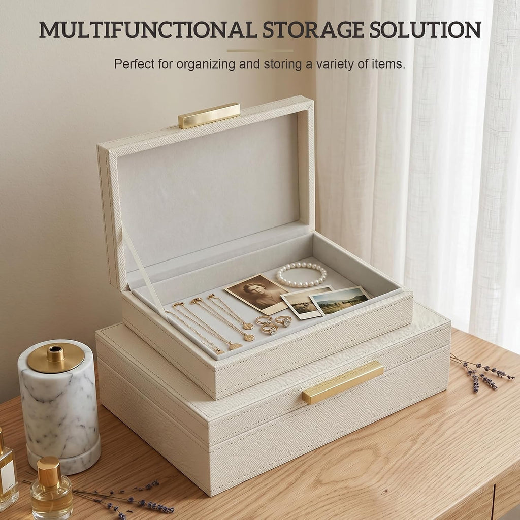 Decorative Storage Boxes with Lids, Set of 2 PU Leather Organizer Boxes