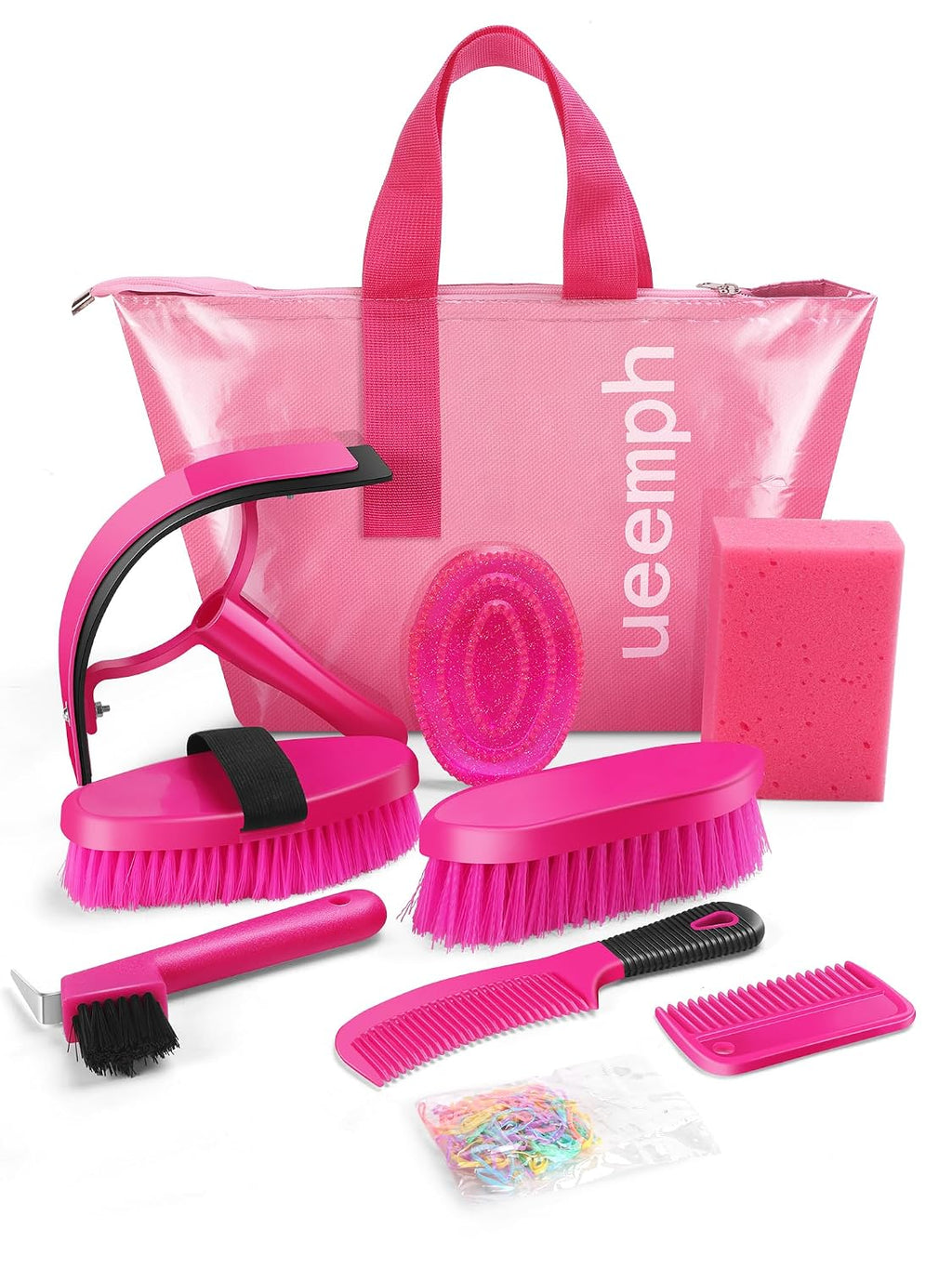 Horse Grooming Kit, Pink Storage Bag with 10 Piece Professional Equestrian Care Tools, Brushes, Combs, Scraper and