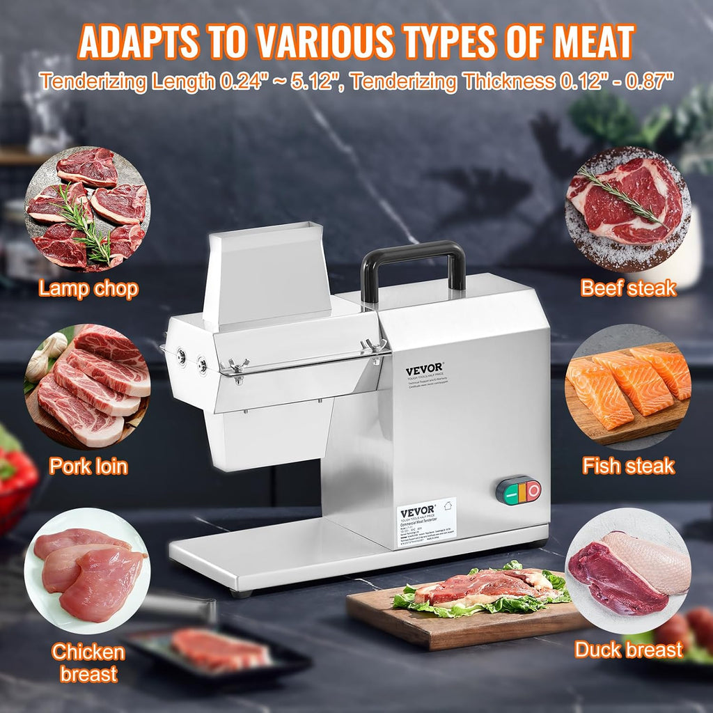 Commercial Meat Tenderizer, Heavy Duty Stainless Steel Kitchen Tool with Handle, Meat Tong, and Cleaning Brush, 450W