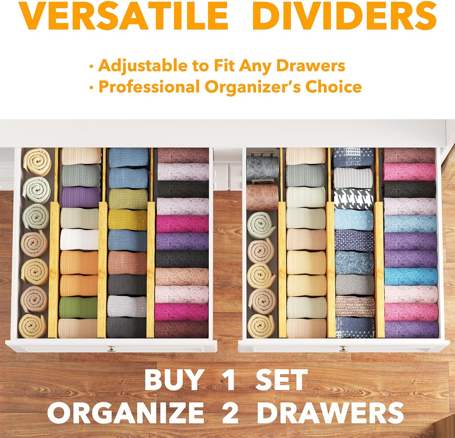 Bamboo Dresser Drawer Dividers 6 Pack, 4.65“ High Adjustable 12.5“-17” Drawer Organizers, Expandable Organization for