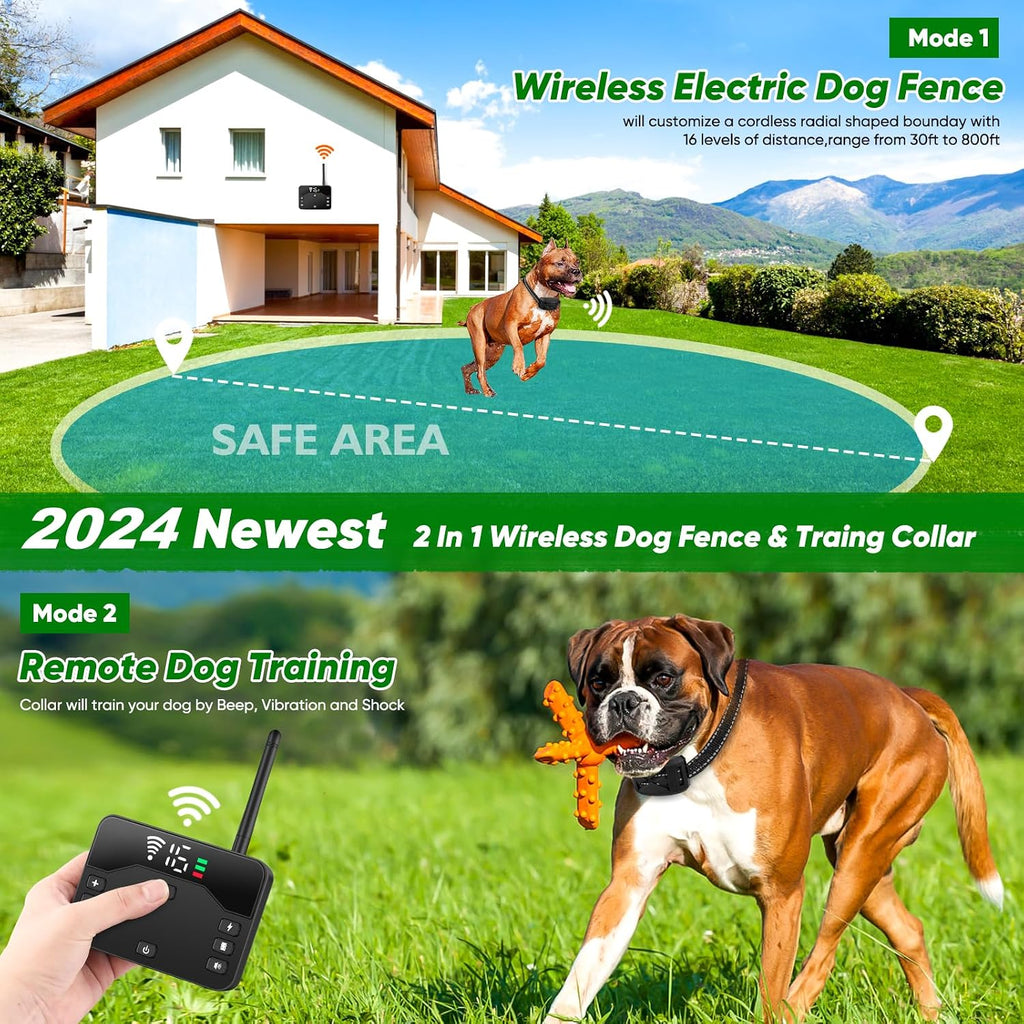 Wireless Dog Fence, 2025 Electric Fence for 2 Dogs Shocks Training Collar Remote 2-in-1,Wireless Pet Containment