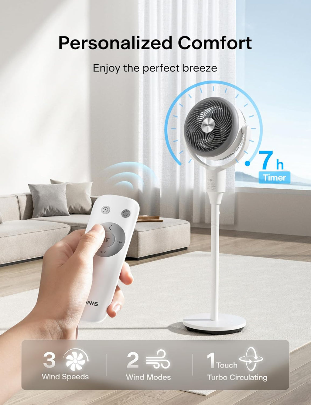 Omni-Directional Air Circulator Fan with Remote for Bedroom, White | Dual Height Standing Pedestal Fan with 3D Auto