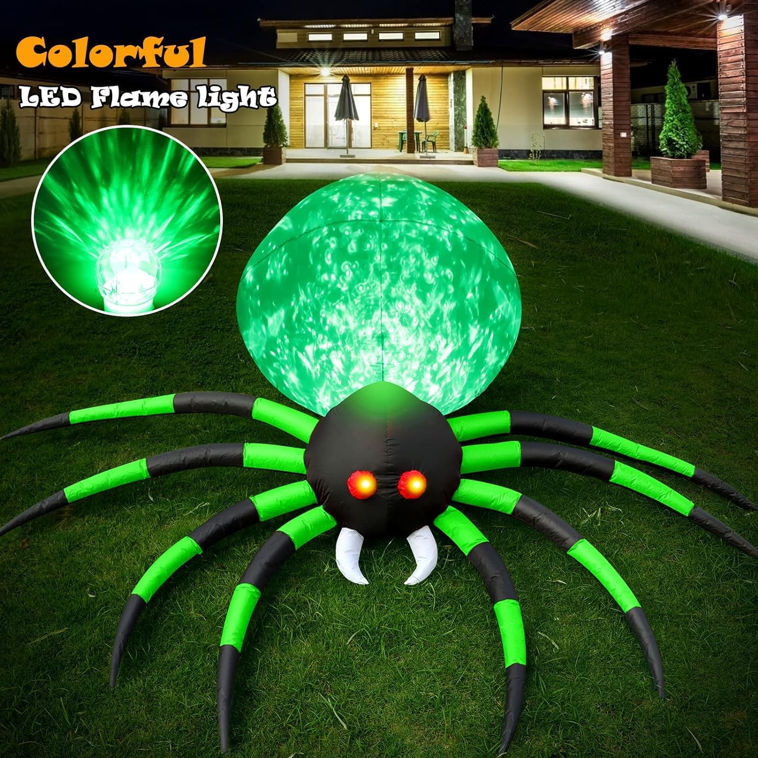 8 FT Halloween Inflatables Spider Outdoor Decorations for Yard, Giant Blow up Green Spider with Rotating Fire Flame