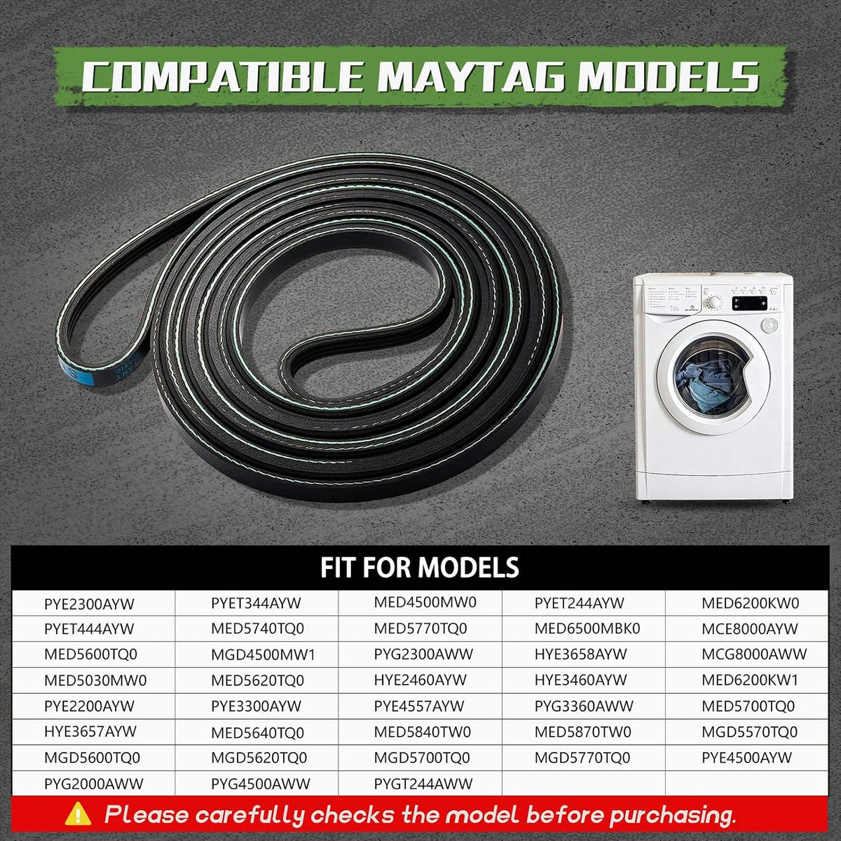 Litorange Dryer Drum Belt - Fit Maytag Dryers - Replaces PYET344AYW PYET244AYW PYE2300AYW MED4500MW0 MED6200KW0 PYET444AYW MED5740TQ0 MED5770TQ0 MED6500MBK0 MCE8000AYW MED5600TQ0 MGD4500MW1 PYG2300AWW