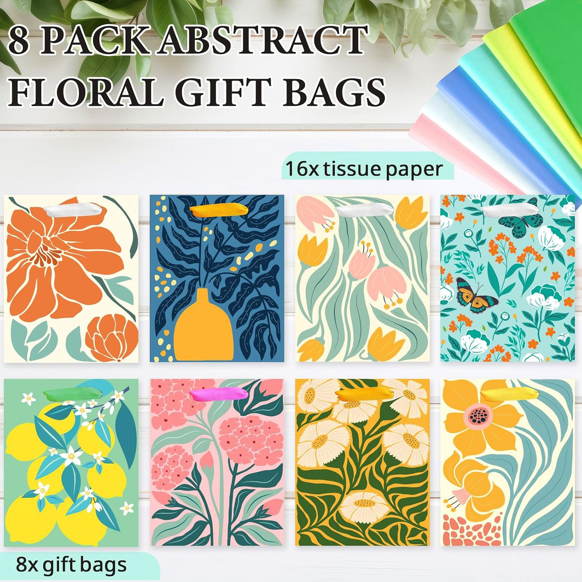 Beautiful Gift Bags with Tissue Paper, Assorted Abstract Floral Designs