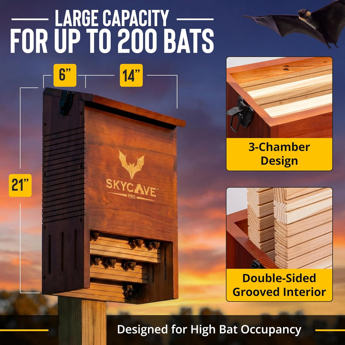 Pro Large 3-Chamber 200+ Capacity Cedar Bat House for Outdoors