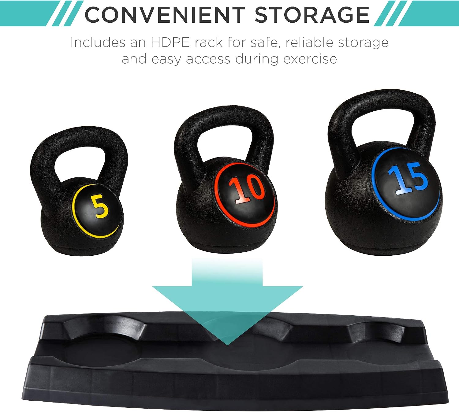 3-Piece Kettlebell Set with Storage Rack, HDPE Coated Exercise Fitness Concrete Weights for Home Gym, Strength