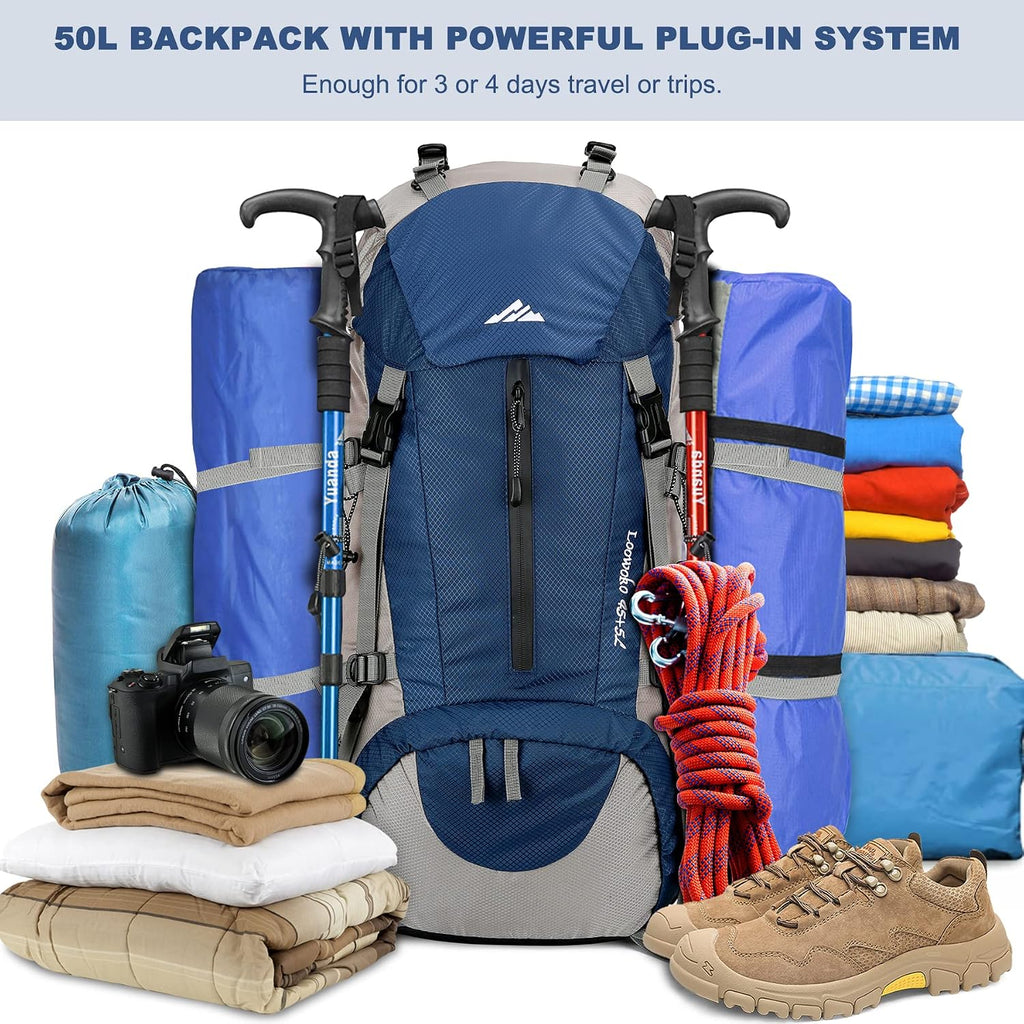 50L Hiking Backpack, Waterproof Camping Essentials Bag with Rain Cover, 45+5 Liter Lightweight Backpacking Back Pack