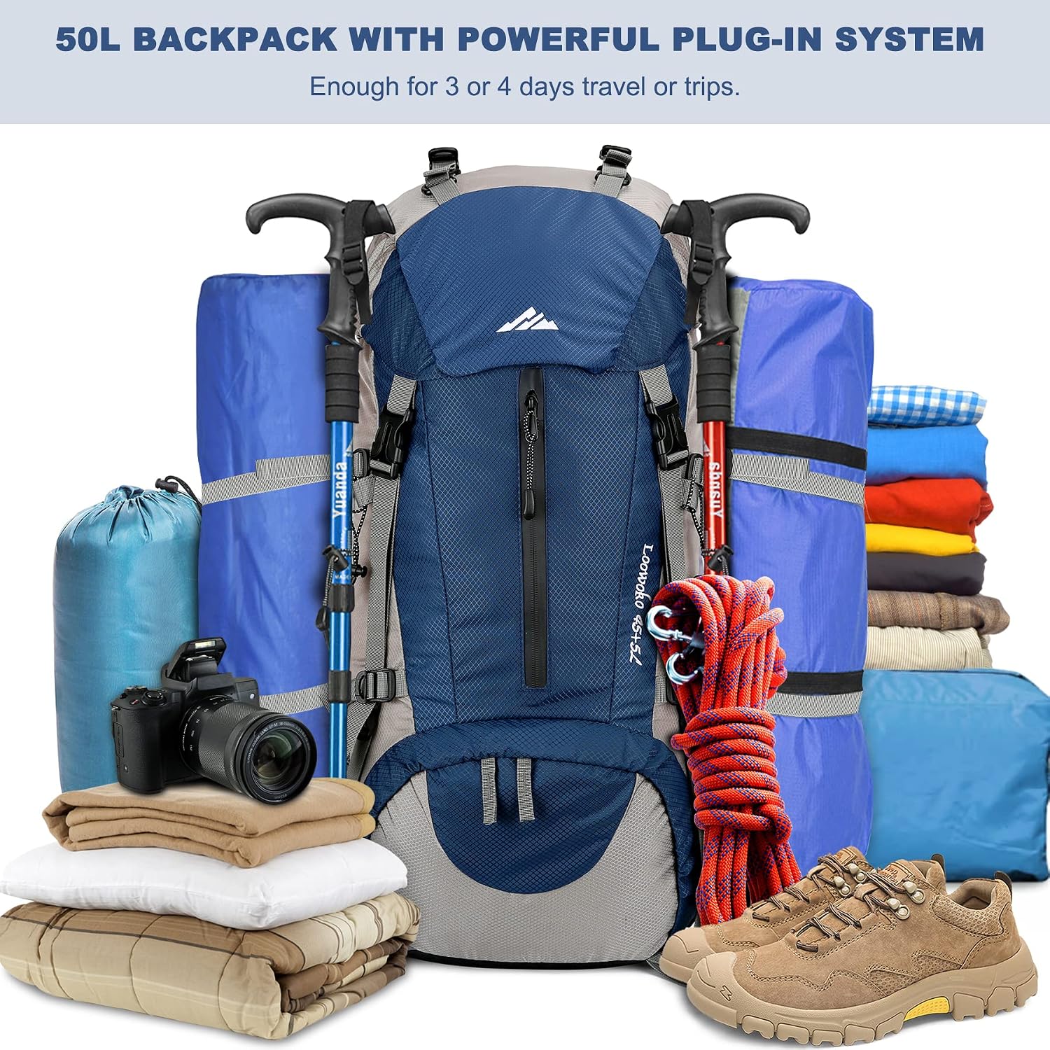 50L Hiking Backpack, Waterproof Camping Essentials Bag with Rain Cover, 45+5 Liter Lightweight Backpacking Back Pack
