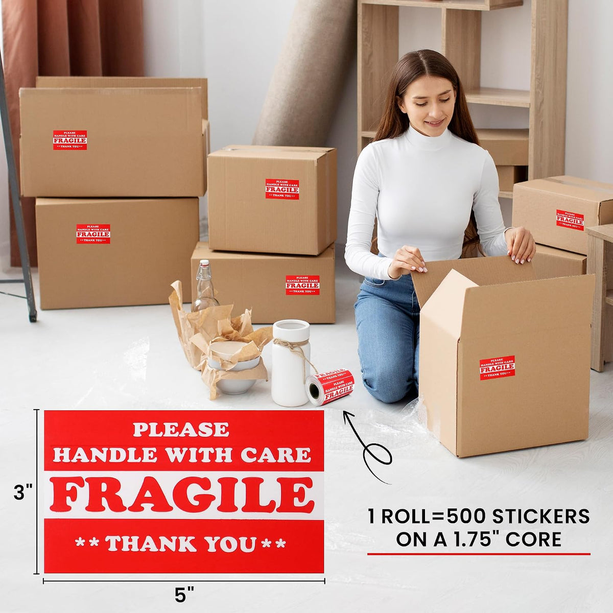 1000 Labels 3" x 5" Fragile - Handle with Care Label Sticker Red Semi Gloss (2 Roll)